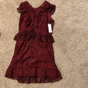 Maroon dress with lace and ruffle detail